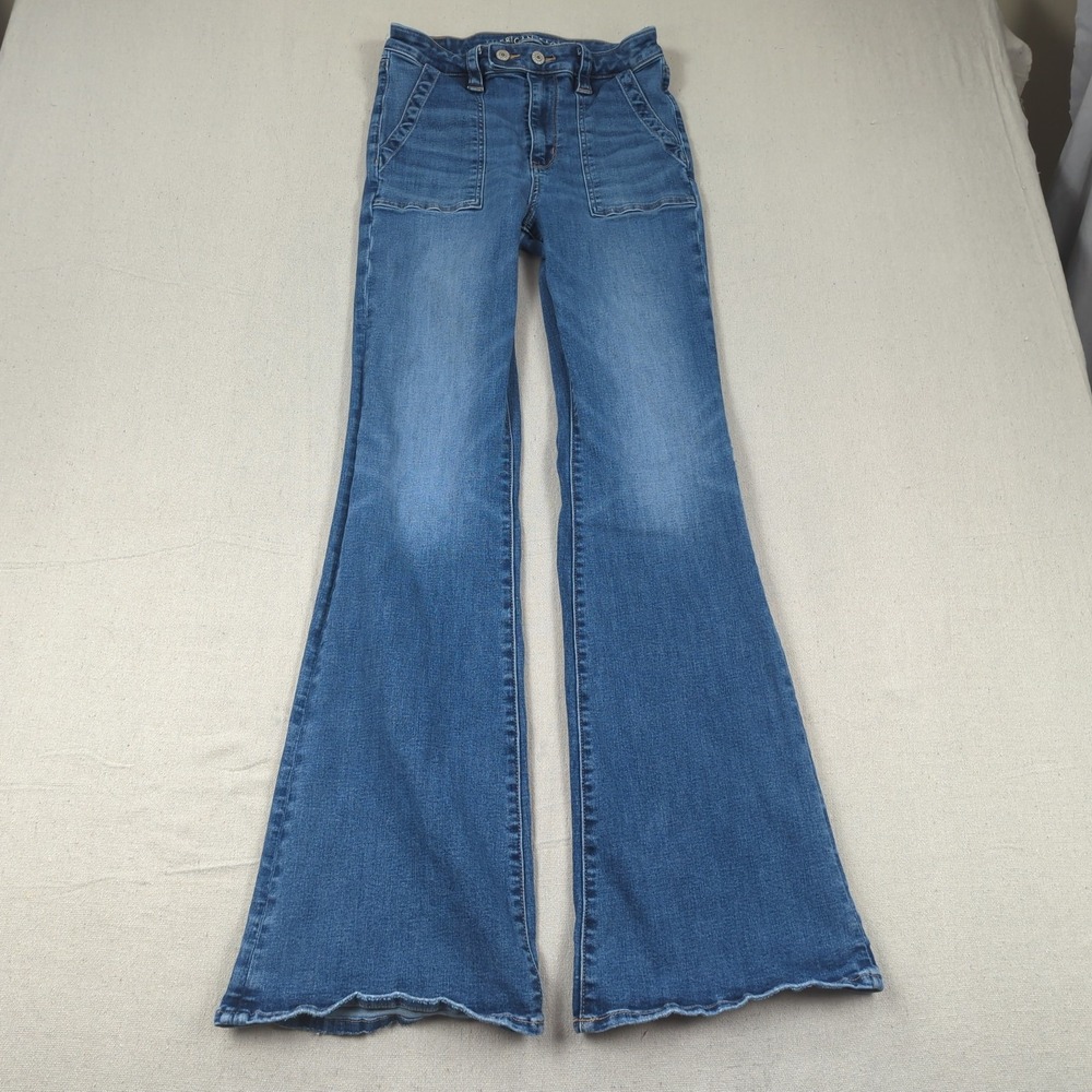 American Eagle Jeans Womens 6 Blue Long Super High Rise Flare Hippie Boho